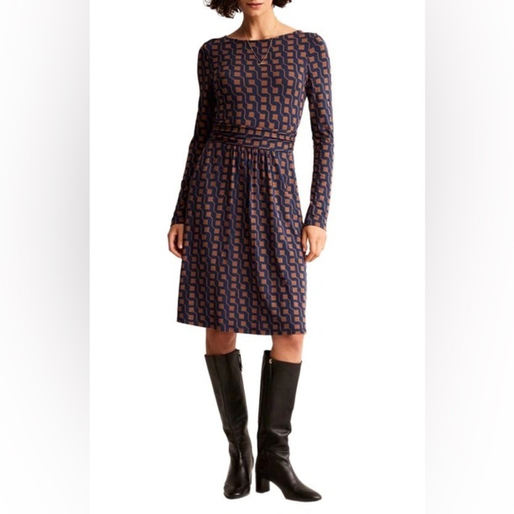 Boden Navy and Rust Geometric Long-Sleeve Mini Dress